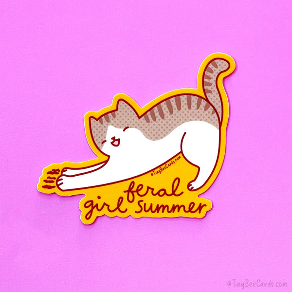 Cat Vinyl Sticker "Feral Girl Summer" - Funny Waterbottle Planner Decal Gift for Her, Hot Girls, Pet Adoption Rescue Animals