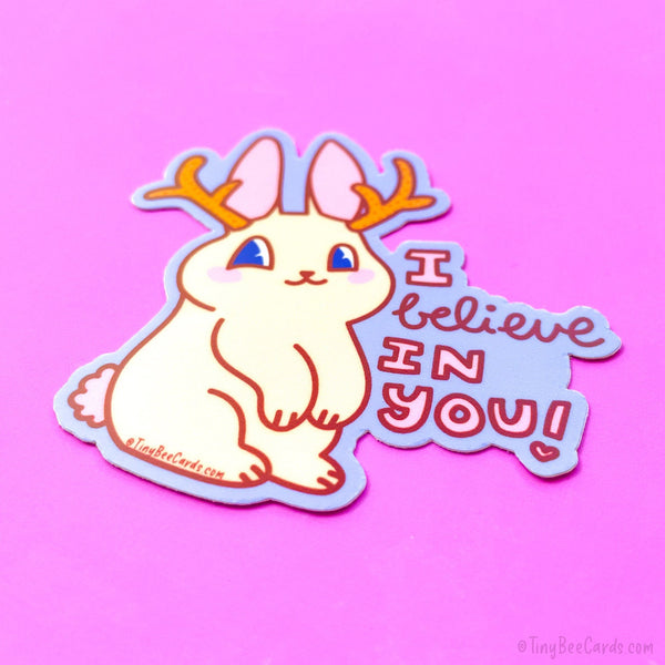 Jackalope Vinyl Sticker "I Believe in You" - Cute Coquette Cryptid Bunny, Aesthetic Tumbler Decal Gift