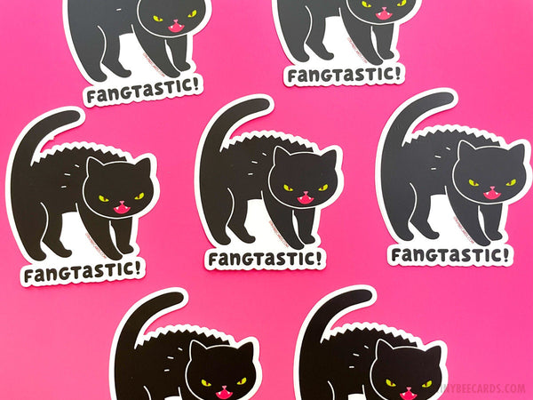 Black Cat Vinyl Sticker Fangtastic - halloween cat hissing, spooky season, fall autumn vibes, water bottle laptop decal, cat lover gift goth