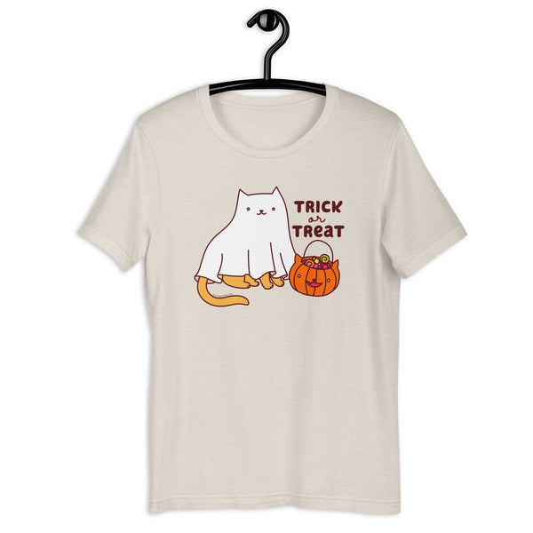Cat Trick or Treat Tee - halloween shirts, funny t-shirt, graphic tees, men's women's shirts, retro halloween, cat lover gift, ghost costume