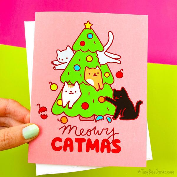 Cat Lover Christmas Card "Meowy Catmas" - Funny Cats Destroying Christmas Tree Greeting