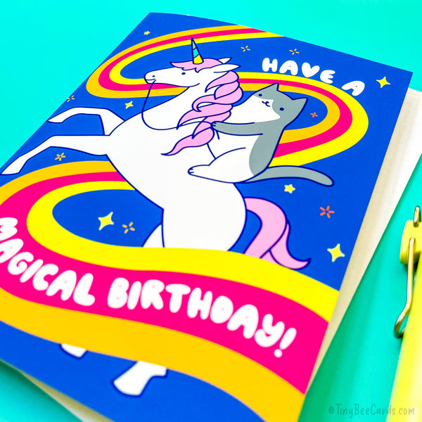 Unicorn and Cat Birthday Card "Have A Magical Bday"