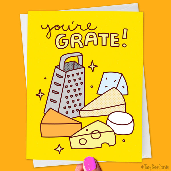 Greeting card with several cheeses (swiss, blue cheese, parmesan, brie, and cheddar) and grater illustration on a yellow background