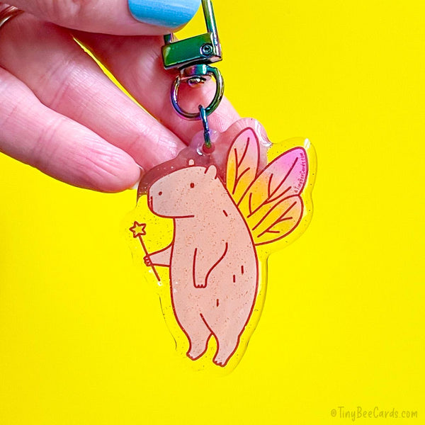 Fairy Capybara Whimsical Glitter Acrylic Keychain