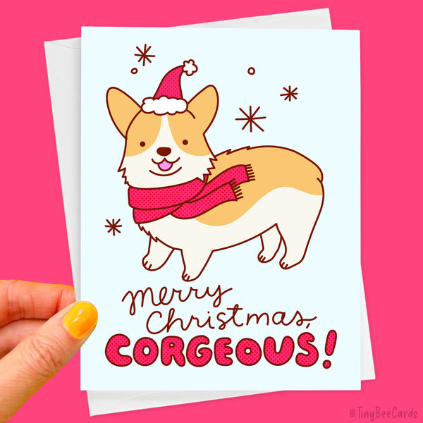 Christmas card with a hand drawn corgi illustration and 'Merry Christmas, CORGEOUS!' text on a light blue background.
