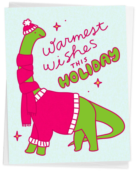 Cozy Brontosaurus Christmas Card "Warmest Wishes"