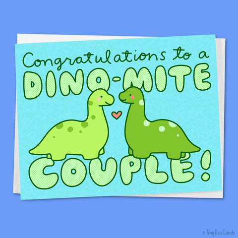 Cute Dinosaur Wedding Card "Congrats to a Dino-mite Couple!"