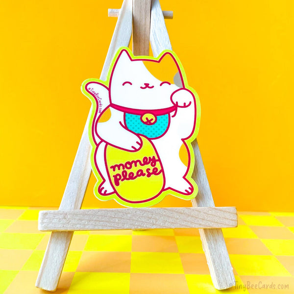 Lucky Cat Maneki Neko Vinyl Sticker "Money Please" - Japanese Beckoning Cat Decal for Water Bottle, Laptop, Shops Etc