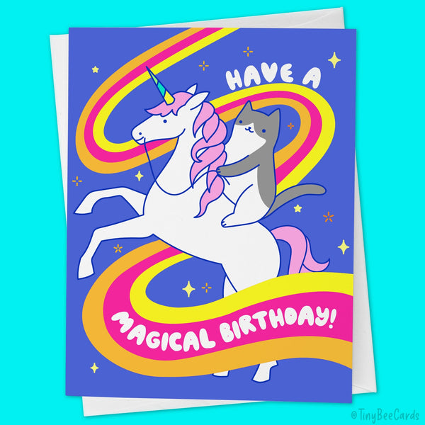 Unicorn and Cat Birthday Card "Have A Magical Bday" - Hand Drawn Colorful Art for Friend or Family