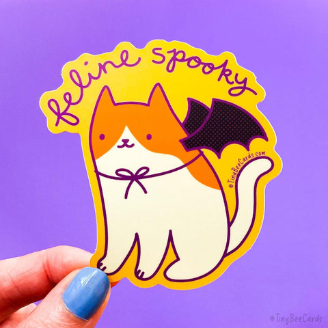 Spooky Cat Vinyl Sticker - Cute Spoopy Halloween Bat Goth Gift, Water Bottle Laptop Decal