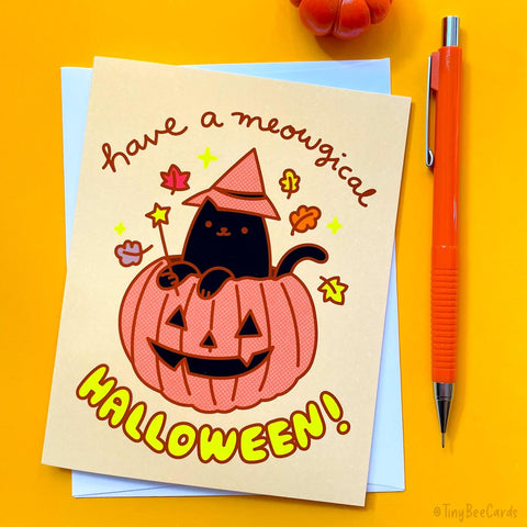 Cat Halloween Card "Have a Meowgical Halloween" - Cute Magical Black Cat in Pumpkin Greeting