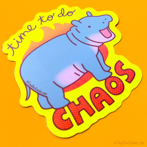 Moo Deng Baby Pygmy Hippo Vinyl Sticker - Time to do Chaos - Cute Water Bottle Laptop Decal