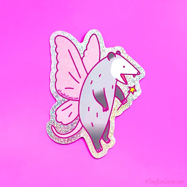 Fairy Opossum Glitter Vinyl Sticker - Funny Whimsical Trash Animals Decal