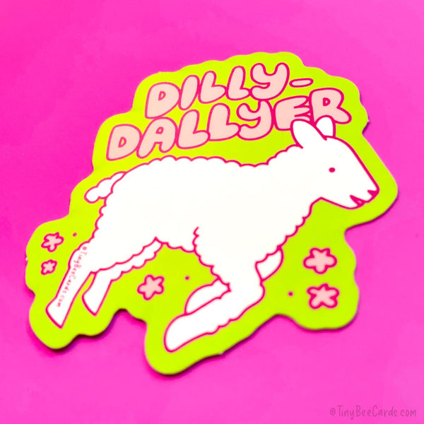 Dilly Dallyer Lamb Vinyl Sticker - Funny Cute Animals, Procrastination Water Bottle Decal