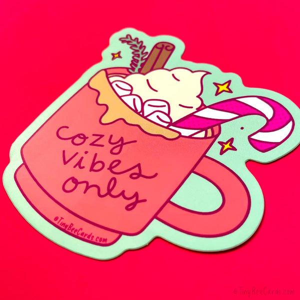 Cozy Vibes Only Vinyl Sticker - Fancy Holiday Mug Hot Cocoa, Laptop Water Bottle Decal