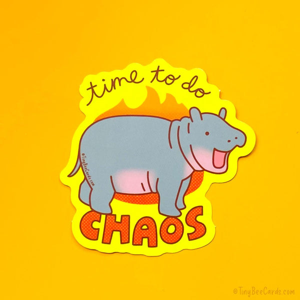 Moo Deng Baby Pygmy Hippo Vinyl Sticker - Time to do Chaos - Cute Water Bottle Laptop Decal