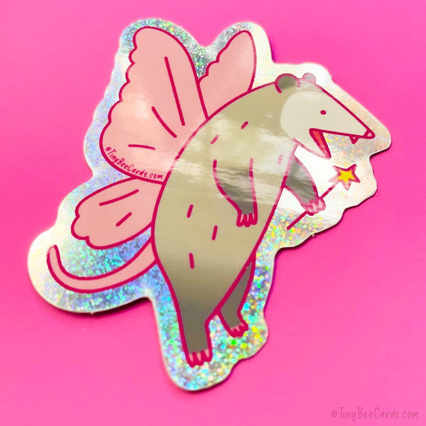 Fairy Opossum Glitter Vinyl Sticker - Funny Whimsical Trash Animals Decal