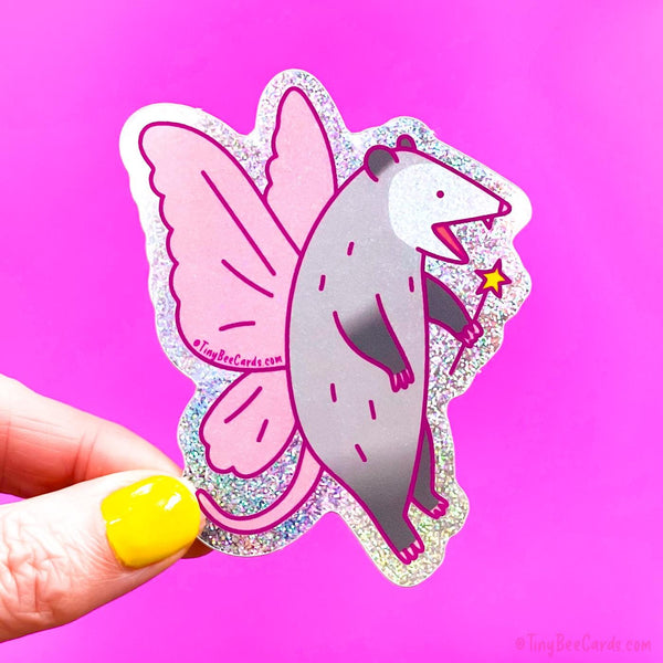 Fairy Opossum Glitter Vinyl Sticker - Funny Whimsical Trash Animals Decal