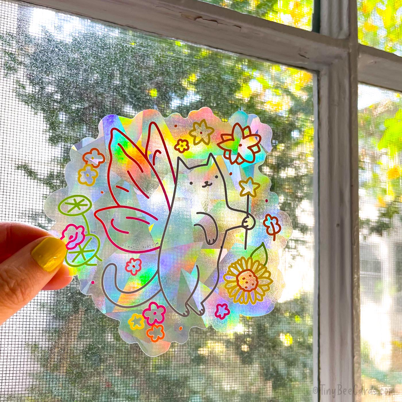 Fairy Cat Suncatcher Decal - Magical Garden Kitty Rainbow Maker Window Sticker