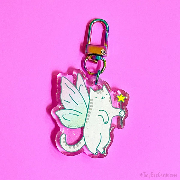 Fairy Cat Glitter Acrylic Keychain - Cottagecore Cat Lover Bag Charm Gift