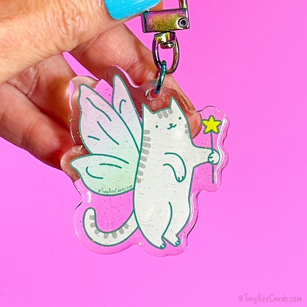Fairy Cat Glitter Acrylic Keychain - Cottagecore Cat Lover Bag Charm Gift