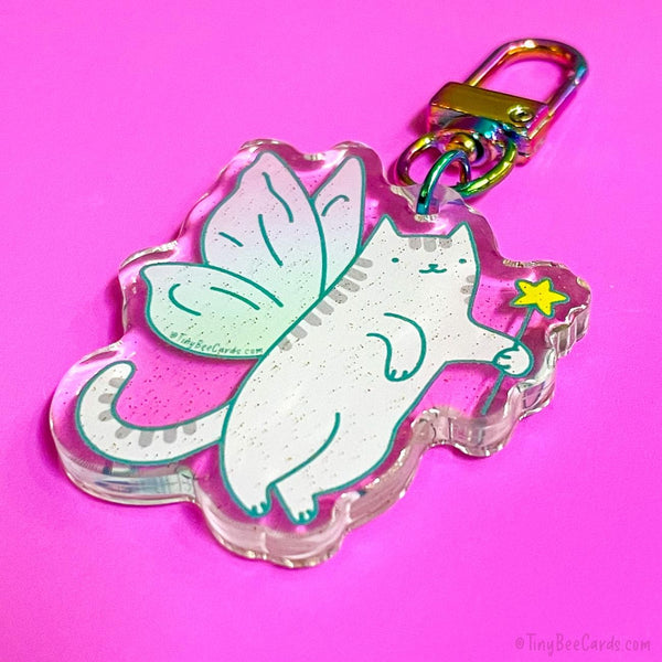 Fairy Cat Glitter Acrylic Keychain - Cottagecore Cat Lover Bag Charm Gift