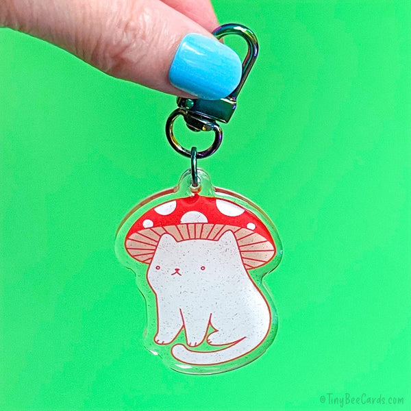 Mushroom Cat Glitter Acrylic Keychain - Cottagecore Toadstool Cat Lover Gift Bag Charm