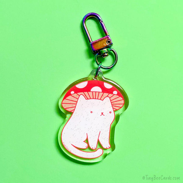Mushroom Cat Glitter Acrylic Keychain - Cottagecore Toadstool Cat Lover Gift Bag Charm