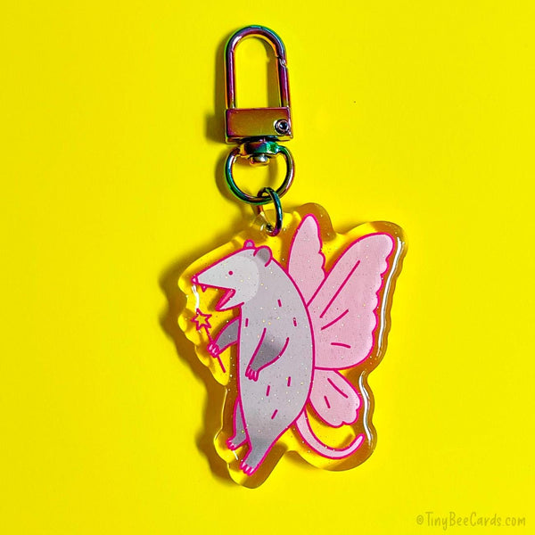 Fairy Opossum Glitter Acrylic Keychain - Funny Whimsical Trash Animals Gift