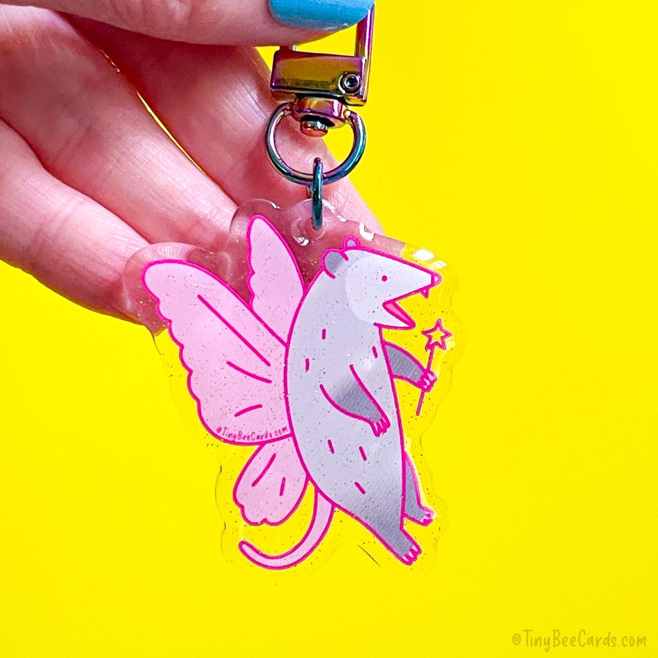 Fairy Opossum Glitter Acrylic Keychain - Funny Whimsical Trash Animals Gift