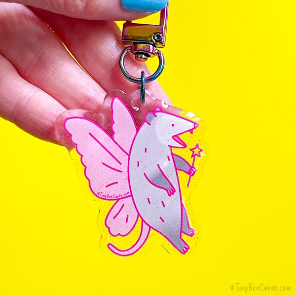 Fairy Opossum Glitter Acrylic Keychain - Funny Whimsical Trash Animals Gift