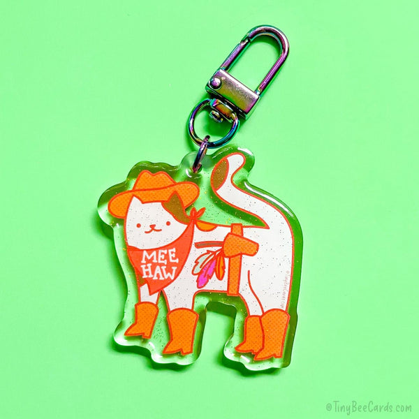 Mee Haw Cowboy Western Cat Glitter Acrylic Keychain