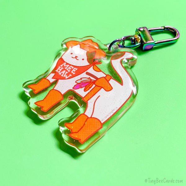 Mee Haw Cowboy Western Cat Glitter Acrylic Keychain