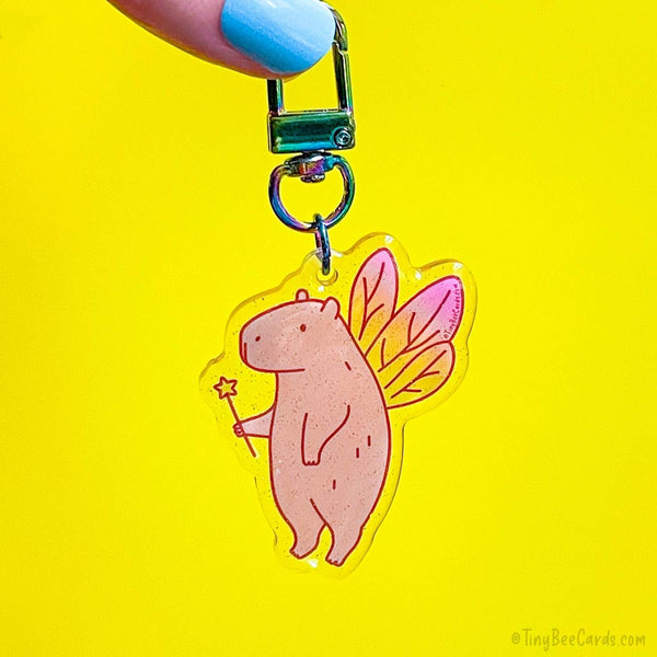 Fairy Capybara Whimsical Glitter Acrylic Keychain