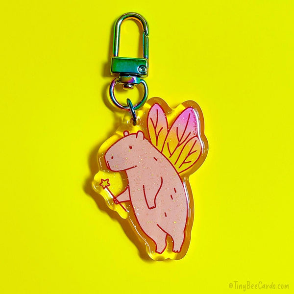 Fairy Capybara Whimsical Glitter Acrylic Keychain