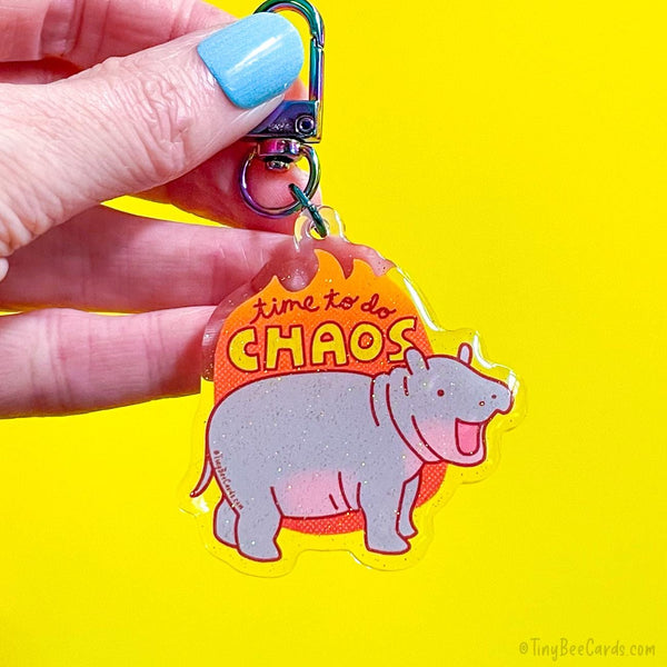 Baby Pygmy Hippo Glitter Acrylic Keychain - Time to do Chaos