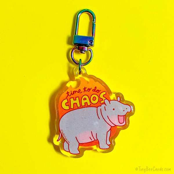Baby Pygmy Hippo Glitter Acrylic Keychain - Time to do Chaos