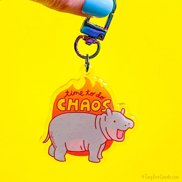 Baby Pygmy Hippo Glitter Acrylic Keychain - Time to do Chaos