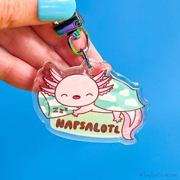 Axolotl "Napsalotl" Glitter Whimsical Acrylic Keychain