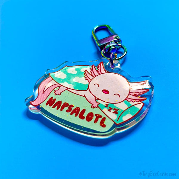 Axolotl "Napsalotl" Glitter Whimsical Acrylic Keychain