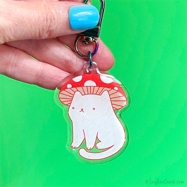 Mushroom Cat Glitter Acrylic Keychain - Cottagecore Toadstool Cat Lover Gift Bag Charm