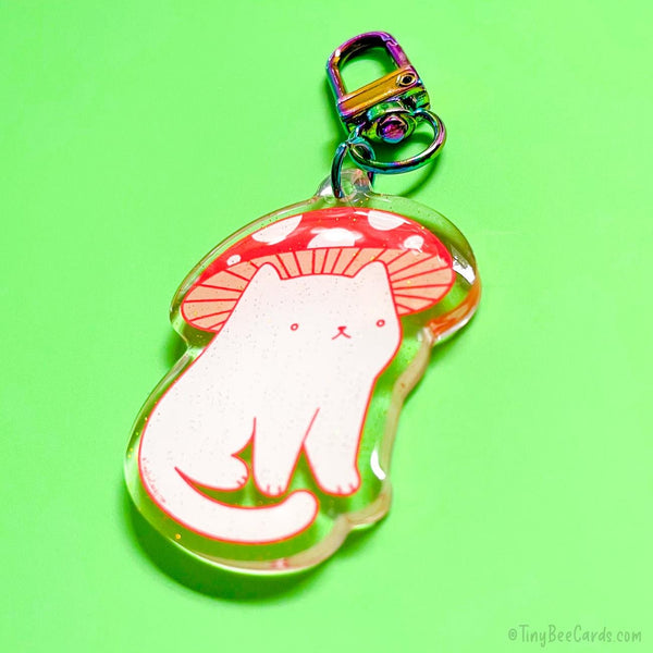Mushroom Cat Glitter Acrylic Keychain - Cottagecore Toadstool Cat Lover Gift Bag Charm