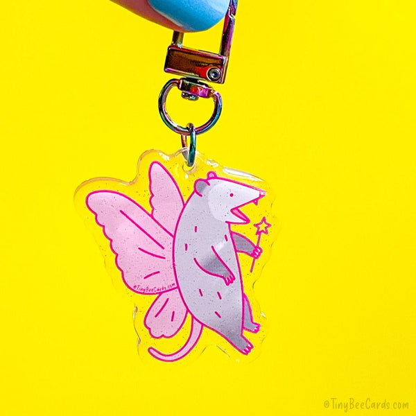 Fairy Opossum Glitter Acrylic Keychain - Funny Whimsical Trash Animals Gift