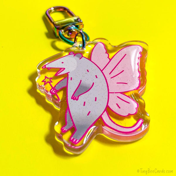 Fairy Opossum Glitter Acrylic Keychain - Funny Whimsical Trash Animals Gift