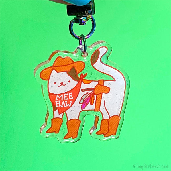 Mee Haw Cowboy Western Cat Glitter Acrylic Keychain