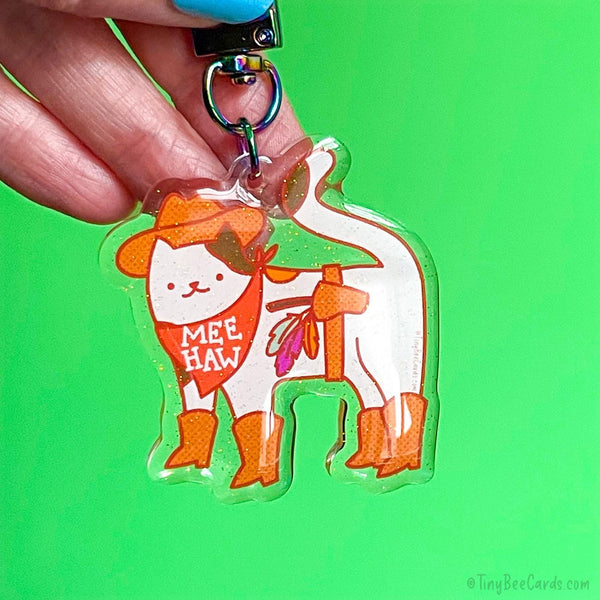 Mee Haw Cowboy Western Cat Glitter Acrylic Keychain