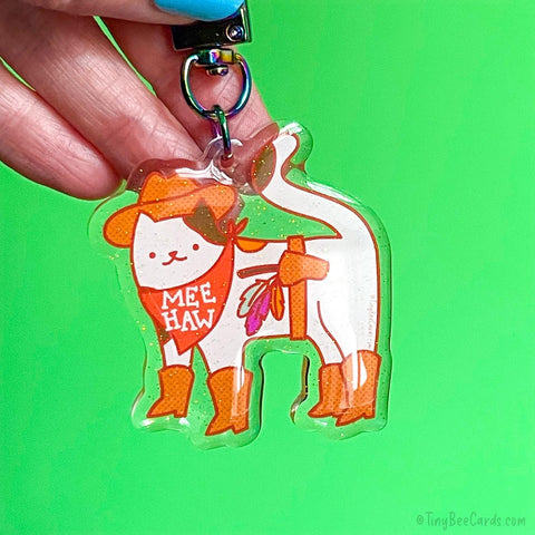 Mee Haw Cowboy Western Cat Glitter Acrylic Keychain
