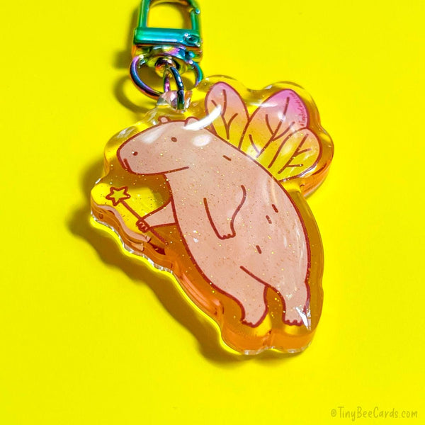 Fairy Capybara Whimsical Glitter Acrylic Keychain