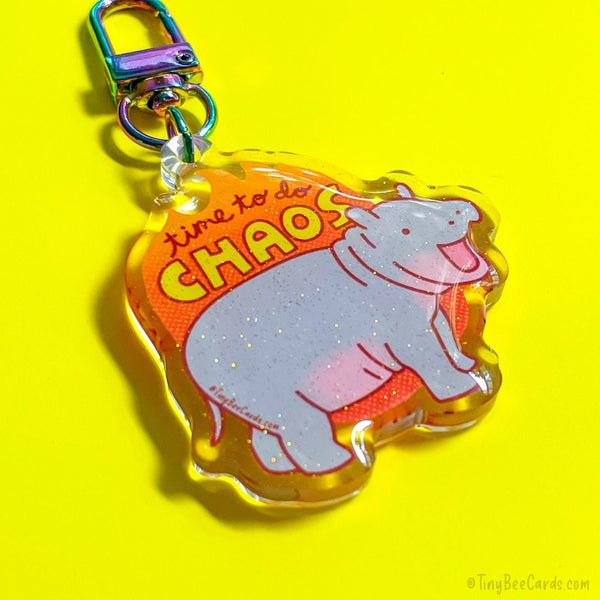 Baby Pygmy Hippo Glitter Acrylic Keychain - Time to do Chaos