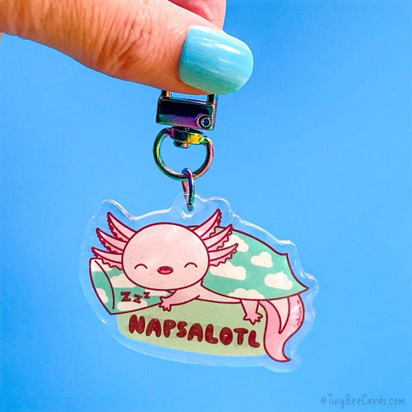 Axolotl "Napsalotl" Glitter Whimsical Acrylic Keychain